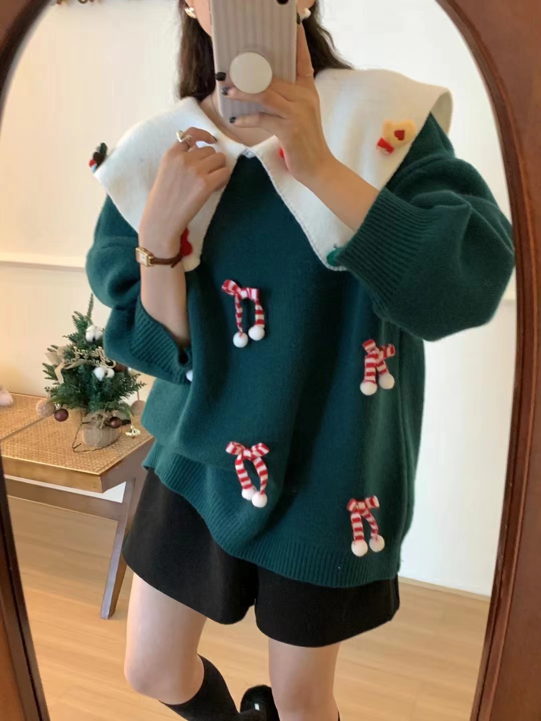 秋冬新品復古減齡蝴蝶結娃娃領聖誕氛圍感氣質毛衣