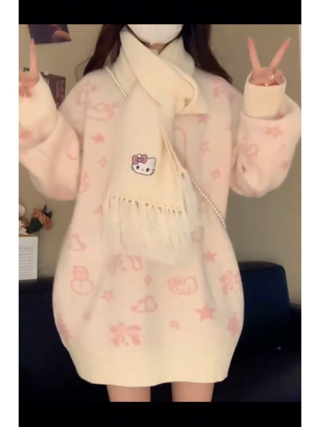 158#卡通提花毛衣外套女學生中長款韓版寬鬆針織衫