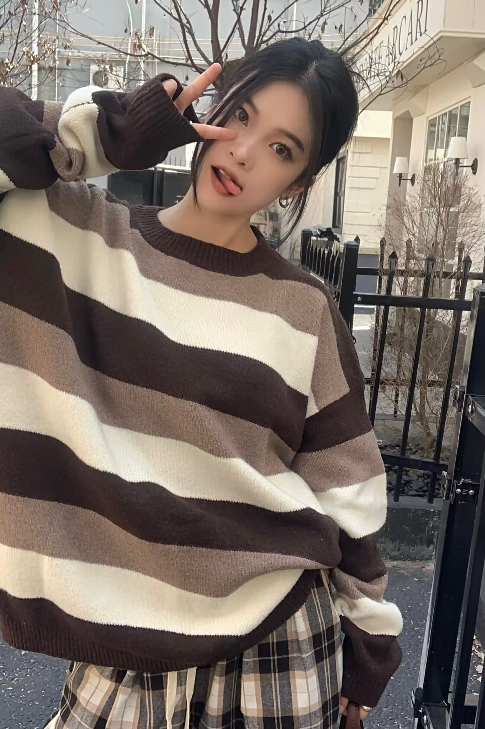 實拍~慵懶午後美式復古拼色條紋加厚寬鬆毛衣中長款套頭針織