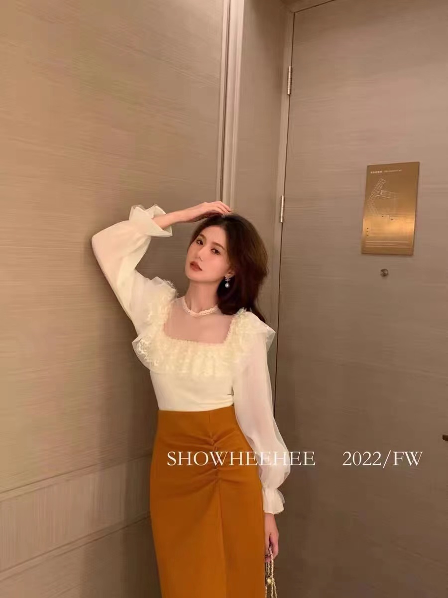 法式蕾絲荷葉邊長袖針織衫女秋季辣妹緊身網紗收腰內搭打底衫上衣