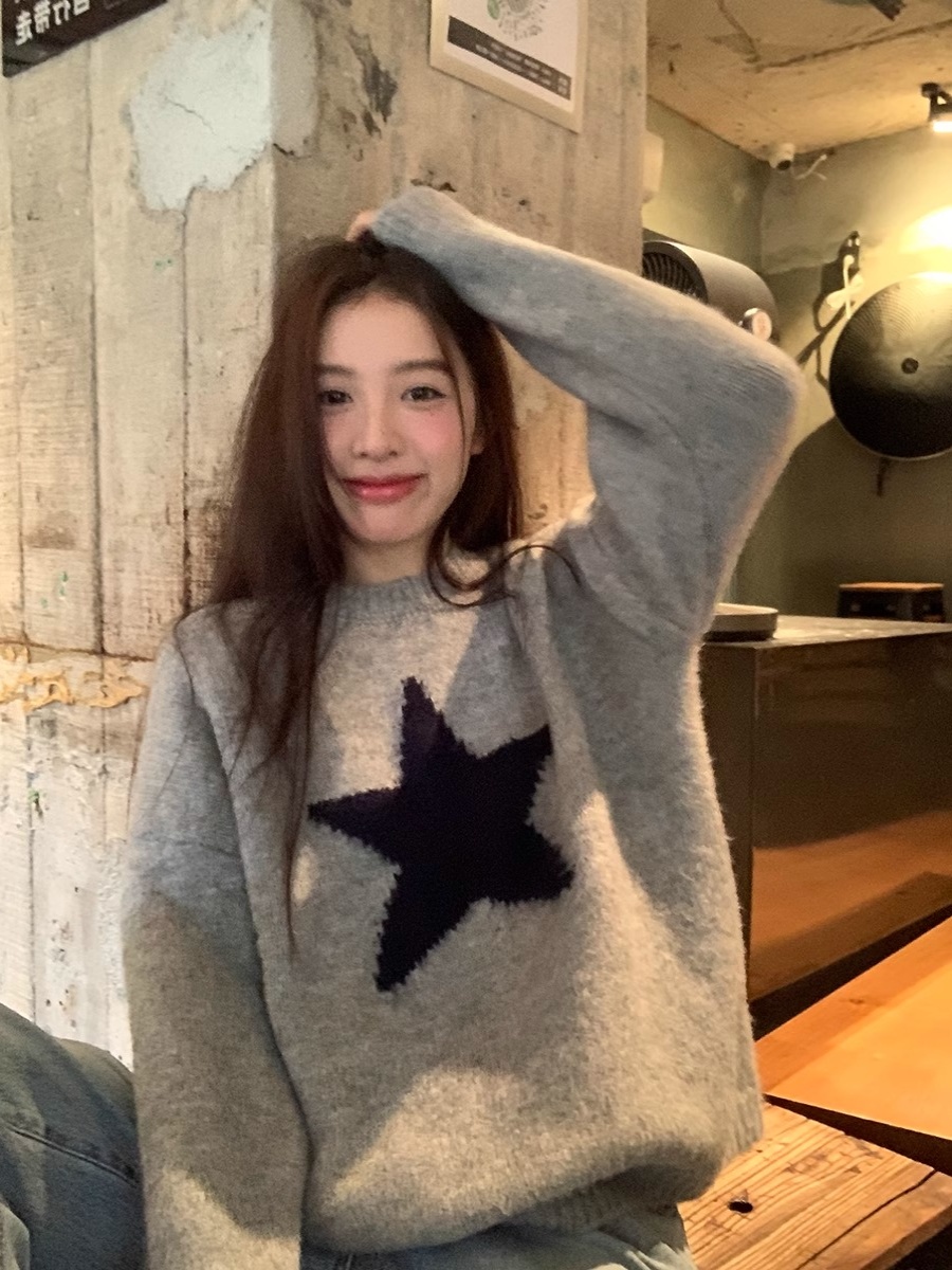 慵懶風五角星圓領套頭針織衫毛衣女秋冬寬鬆百搭灰色塗鴉外穿上衣