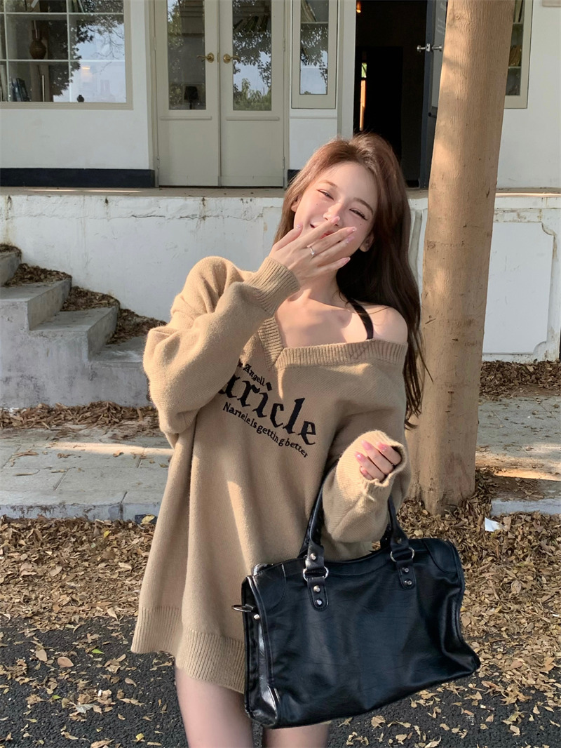 實拍 慵懶風V領大領口垂感套頭毛衣女寬鬆毛衣甜辣上衣潮入