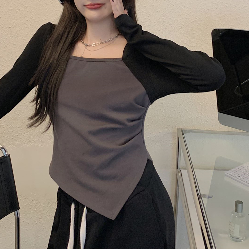 不規則開叉打底衫女春秋大碼小眾百搭設計感長袖T恤辣妹方領上衣