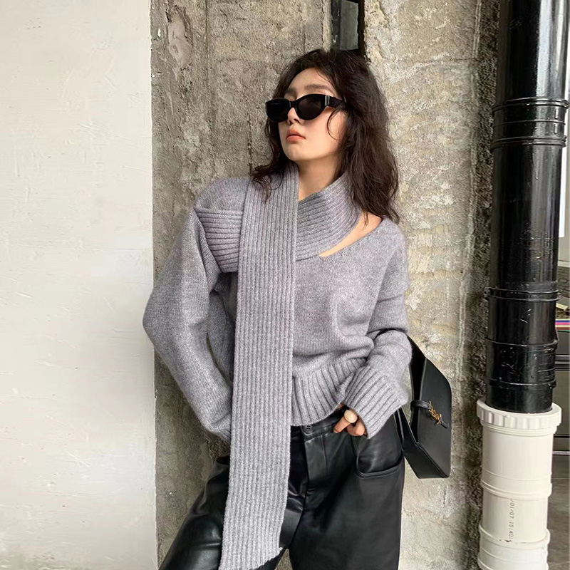 品質 秋冬新款套頭毛衣女軟糯加厚設計感拼接圍巾針織衫上衣