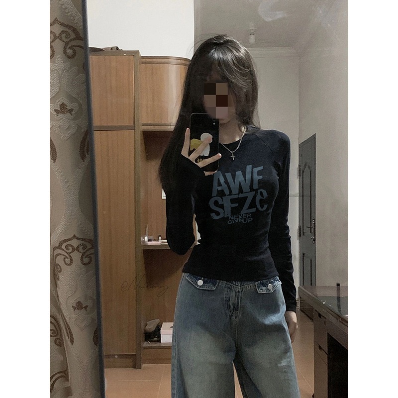 Spring and Autumn hot girl design slim fit printed versatile long-sleeved T-shirt