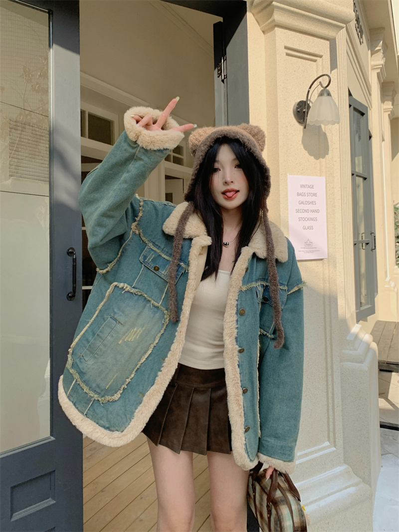 實拍~美式牛仔毛毛外套秋冬季新款加厚加絨復古高級設計棉服