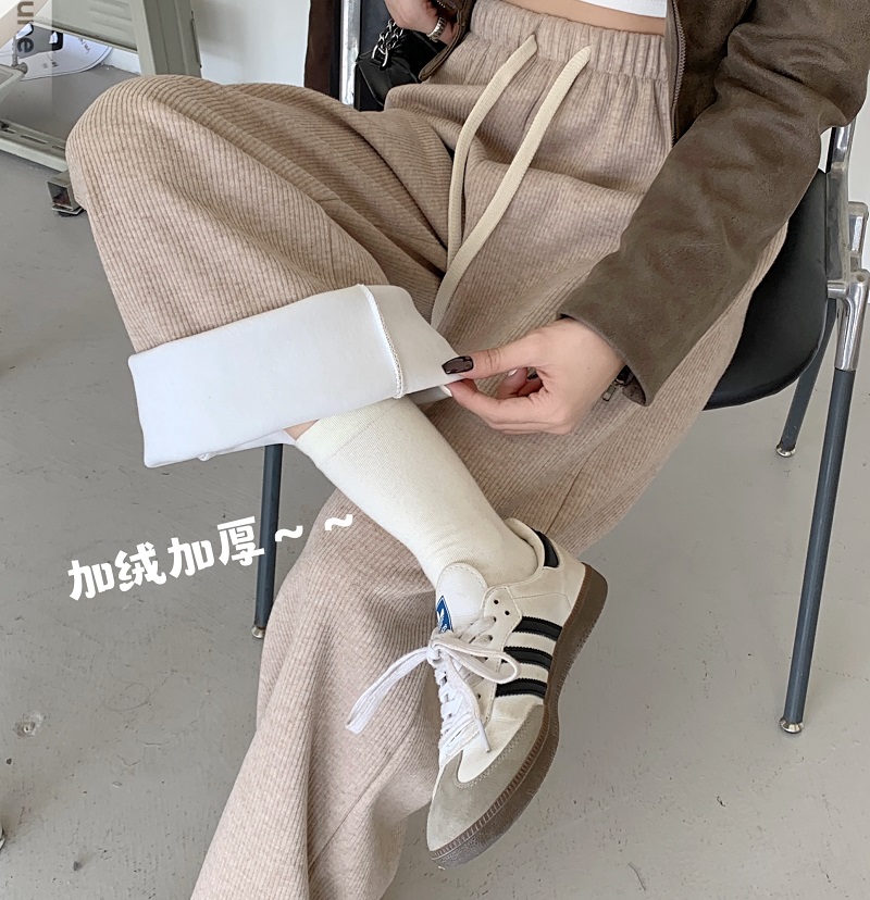 實拍加絨加厚抽繩休閒褲子女秋冬新款寬鬆顯瘦闊腿高腰直筒褲
