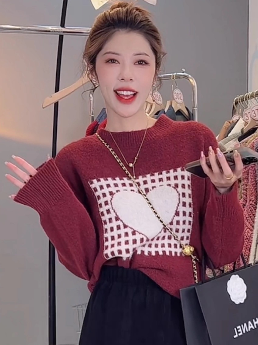 韓版時尚愛心圖案減齡圓領長袖套頭加厚毛衣女2023秋冬氣質上衣潮