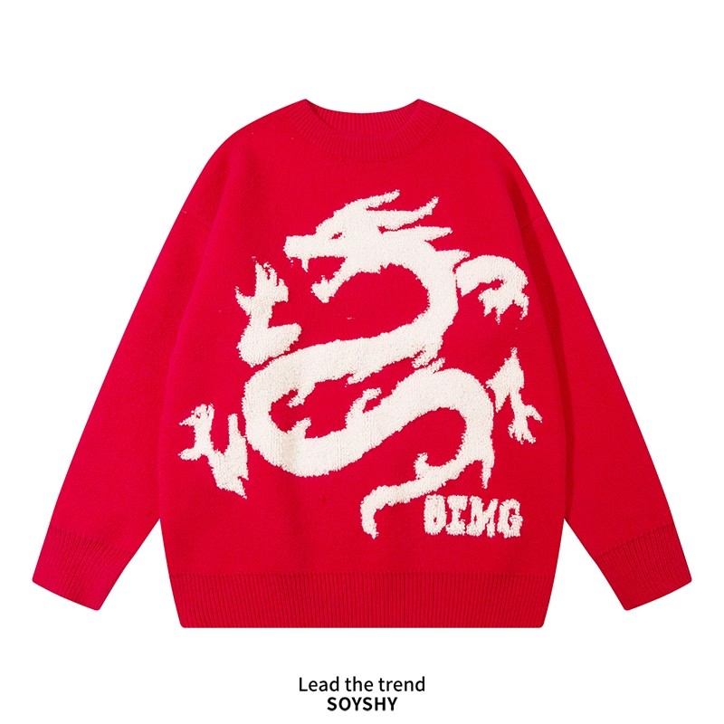 2024 Year of the Dragon Zodiac Year Clothes Couple Outfit Red Sweater Spring Autumn Winter New Style Knitted Sweater High-Quality Jacket