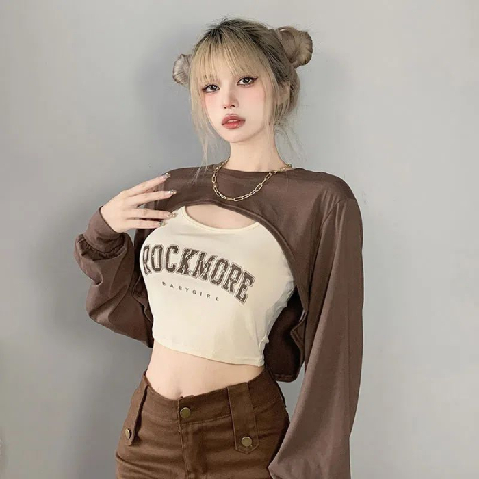 設計感小眾撞色兩件套長袖罩衫吊帶背心甜辣短款韓系時尚套裝女秋