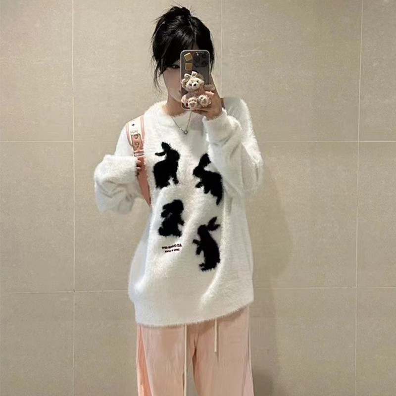 質檢官圖日系甜美兔子白色毛衣女設計感寬鬆小個子針織衫