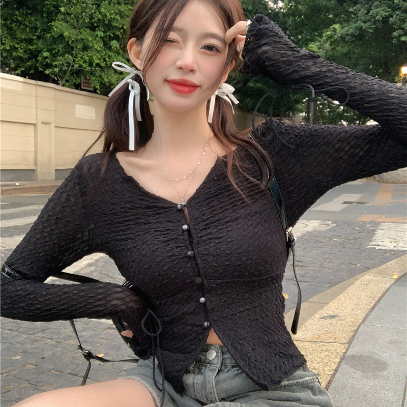 原版面料設計感小眾chic薄款防曬襯衫女春季修身顯瘦V領上衣