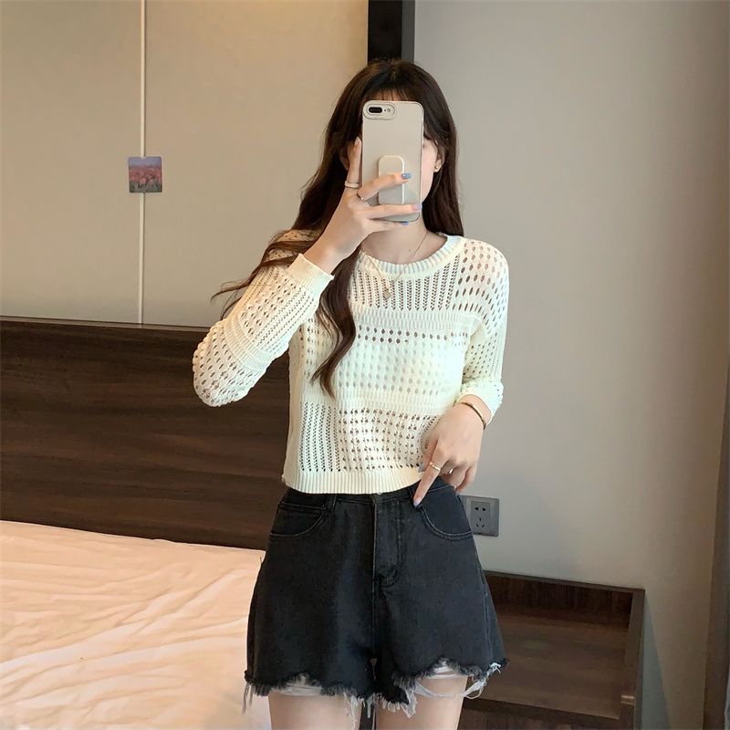 Short pullover hollow sweater 2023 autumn women's new loose t-shirt long-sleeved hot girl slim top cool silk