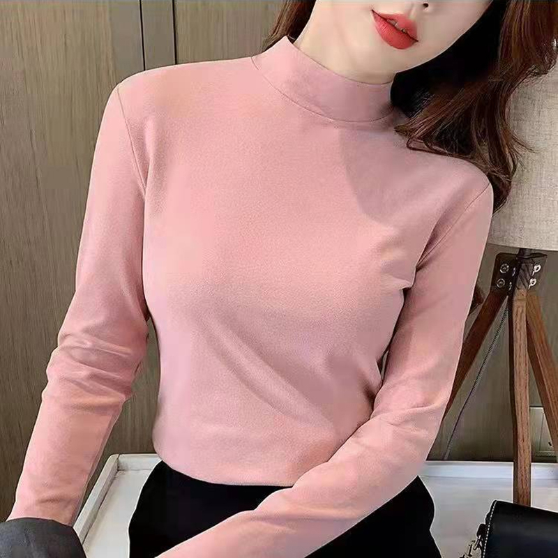 220g雙面氨綸德絨秋冬季新款德絨修身保暖純色T恤女半高領