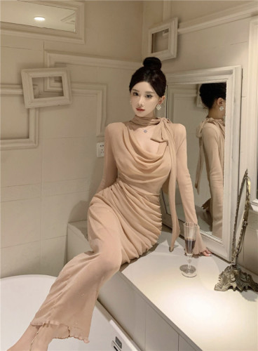 Photographed Shiny Bow Tied Strap Swing Collar Bell Sleeve Cinched Waist Pleated Mid-Length Slimming Dress