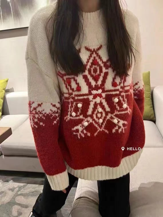 聖誕款毛衣男圓領紅色新年情侶裝秋冬2023新款奶fufu慵懶風高級感