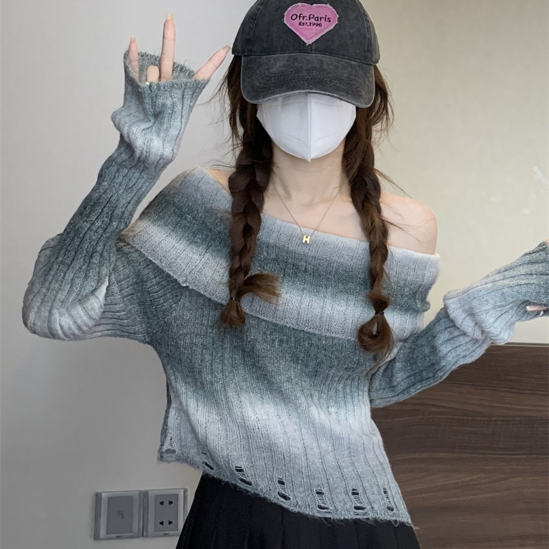 溫柔彩虹暈染辣妹一字肩不規則修身設計感鏤空內搭打底上衣女秋冬