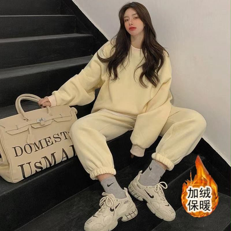 加絨加厚休閒時尚運動套裝女秋冬新款寬鬆洋氣衛衣長褲兩件套