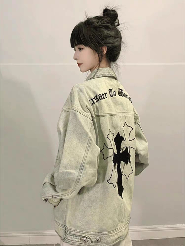 水洗黃泥牛仔外套女夏季美式復古hiphop西海岸十字架工裝夾克潮牌
