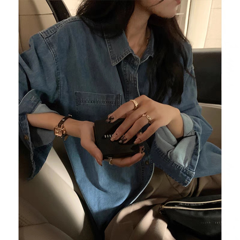 2023年新款秋裝上衣藍色牛仔襯衣設計感小眾日系襯衫外套女秋冬季