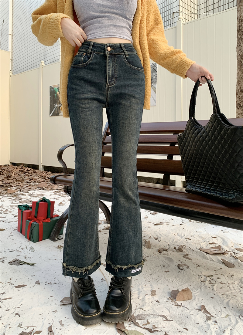 實拍 冬季磨毛加厚新款彈力高腰微喇顯瘦牛仔褲女