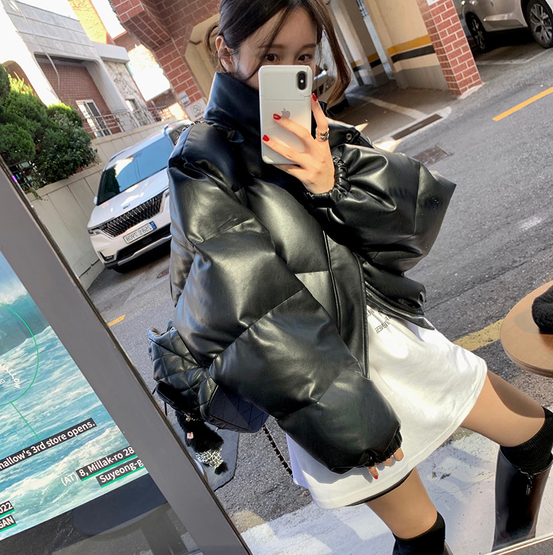 Slim black stand-up collar matte PU leather short cotton jacket