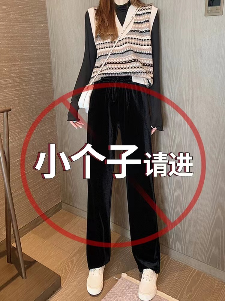 秋冬小個子150cm加絨金絲絨闊腿褲女垂感絲絨冬季矮個子155褲子厚