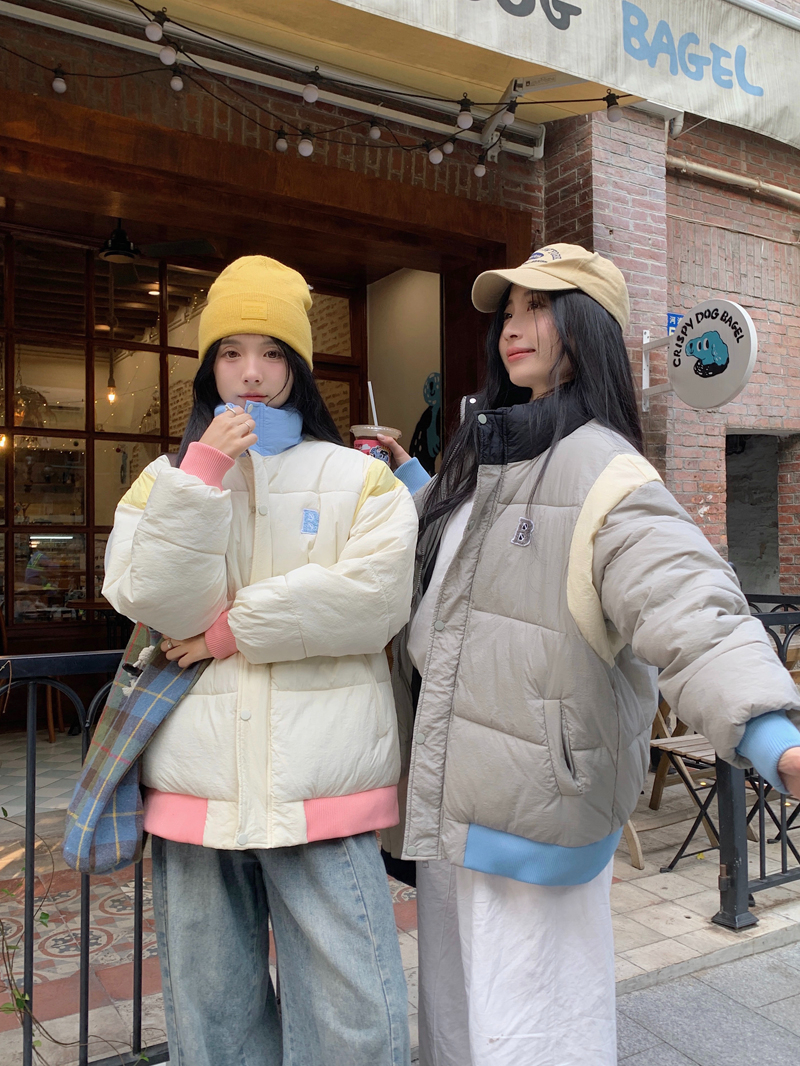 Actual shot Korean contrasting color design thickened cotton jacket for women new winter loose warm quilted jacket ins best friend