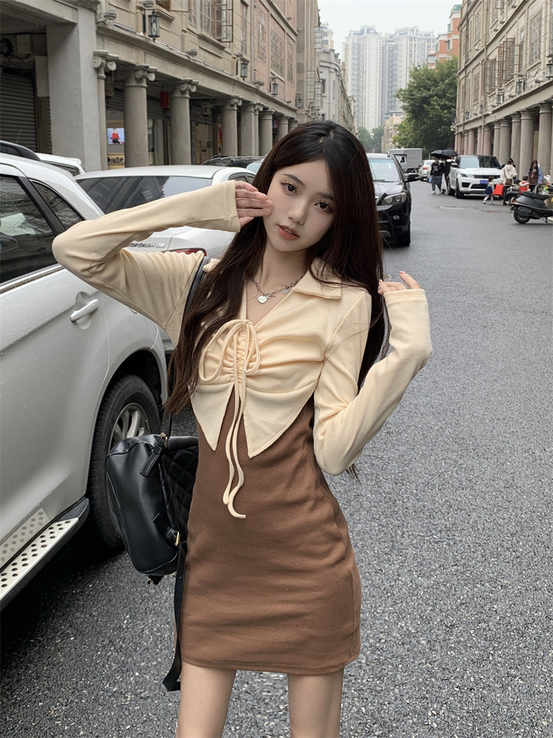 假兩件連衣裙女秋季2023年新款小個子收腰顯瘦法式設計感小眾裙子