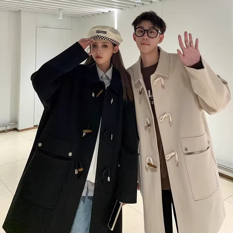 情侶裝毛呢大衣男女潮牌oversize中長款風衣牛角扣過膝外套春秋季