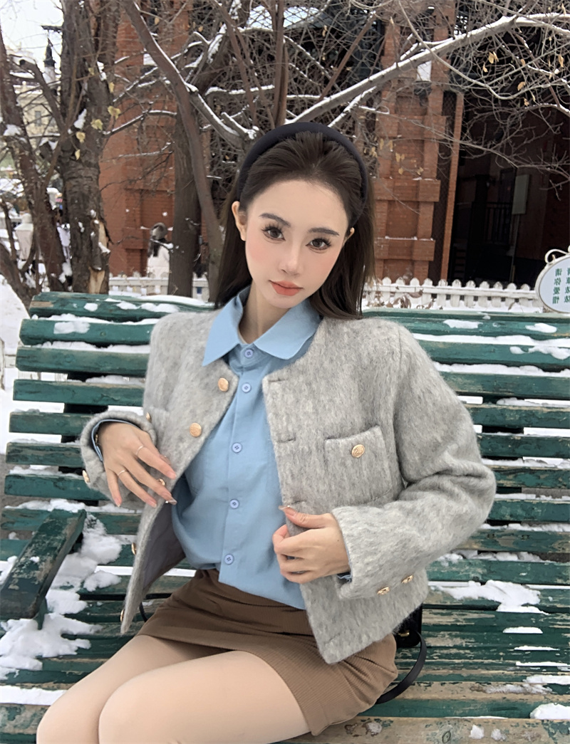 實拍 畫報麻豆 藍色襯衫燈芯絨短裙兩件套女灰色夾棉外套