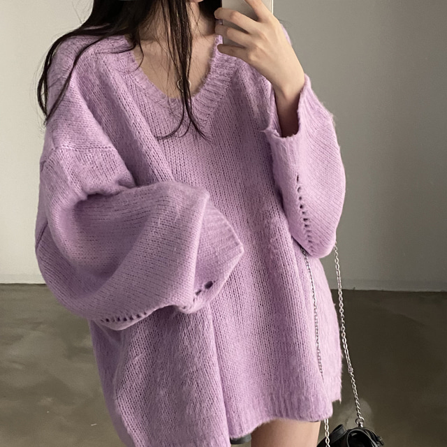 尺碼更新冬季復古Ｖ領套頭長袖毛衣女寬鬆慵懶減齡針織衫