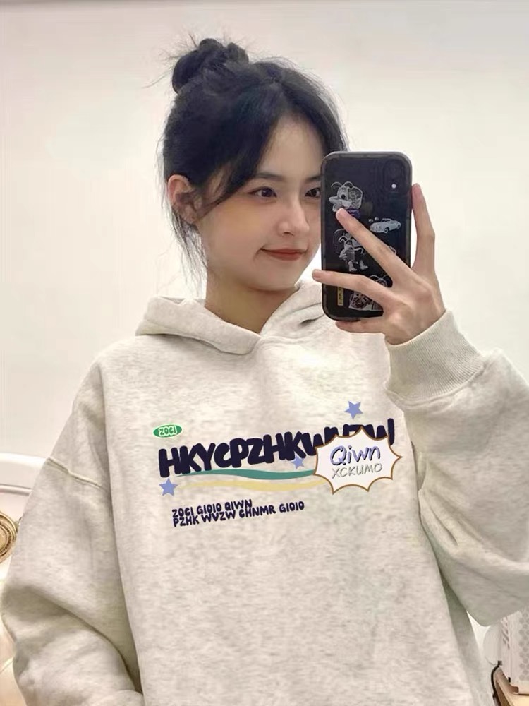 American retro oversize sweatshirt for women autumn and winter 2023 new loose velvet thickened hooded jacket top