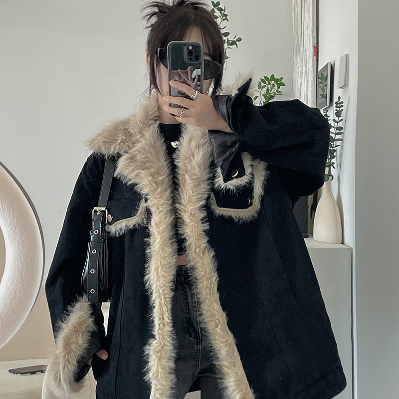 實拍！夾棉加厚黑色牛仔外套女冬季復古寬鬆拼接棉衣保暖棉服