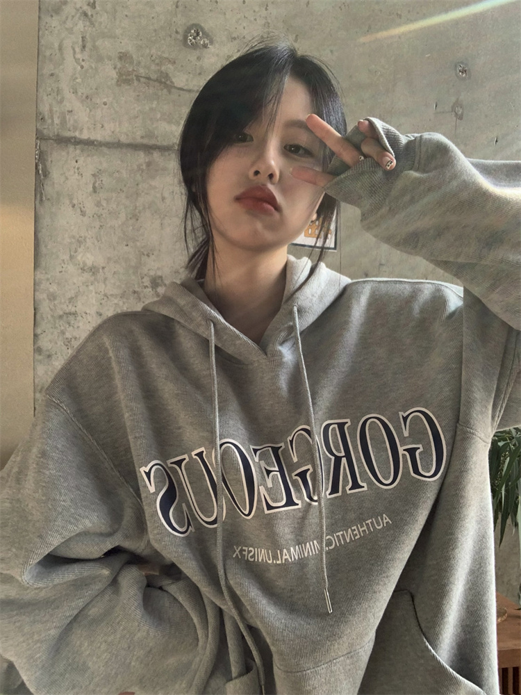 Women's sweatshirt ins loose lazy style gray retro American velvet thickened hooded top 2023 autumn and winter new style