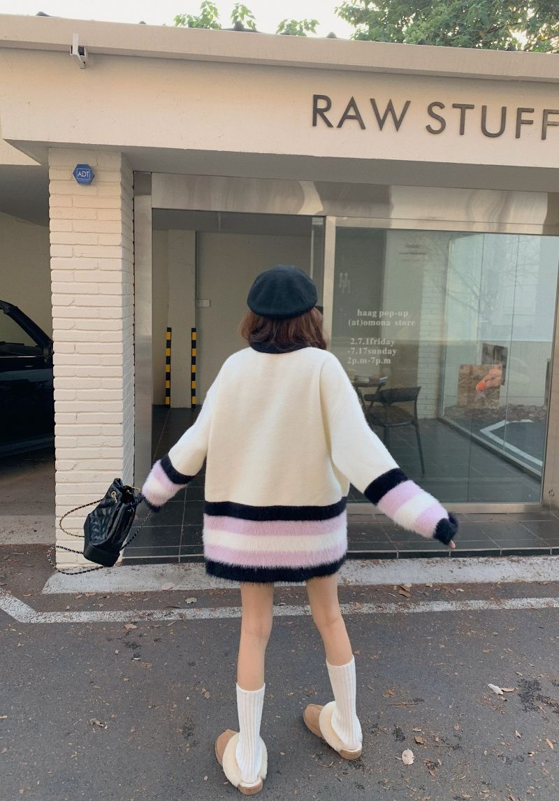 922#條紋寬鬆套頭毛衣女學生