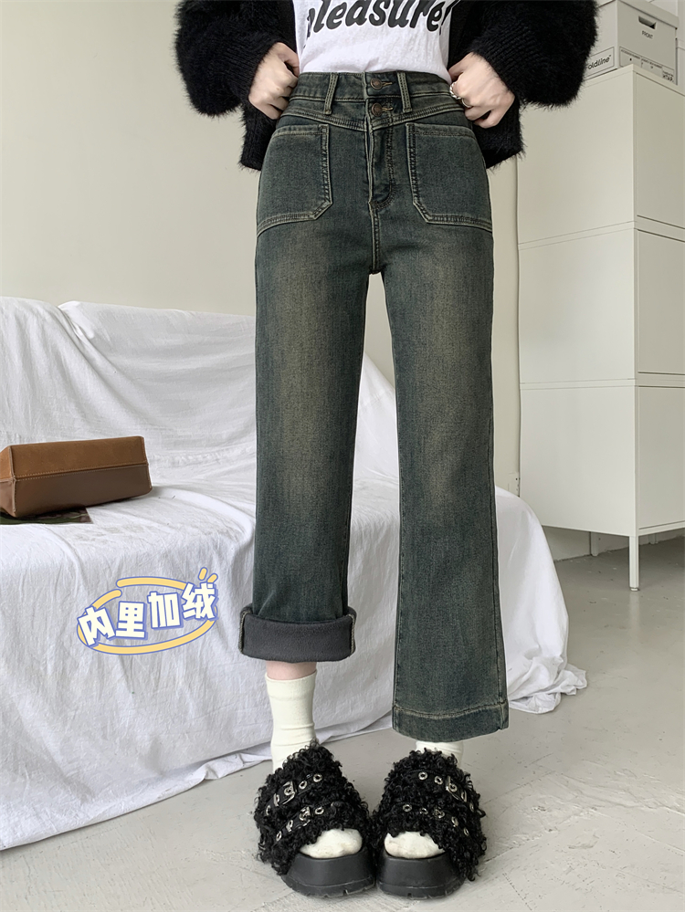 實拍 ~秋冬復古加絨加厚牛仔褲女高腰顯瘦彈力直筒九分褲