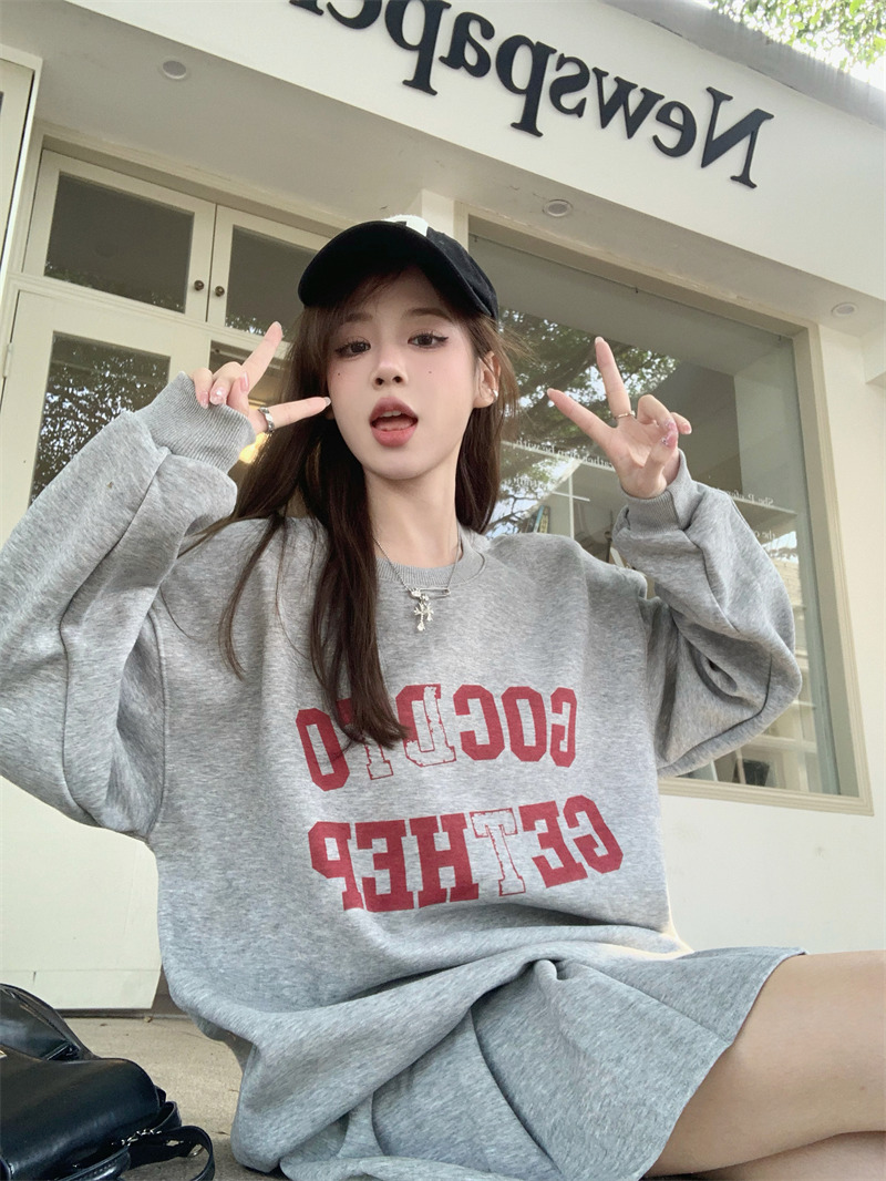 實拍 復古加絨衛衣兩件套新款高腰百褶裙小個子網紅時尚套裝裙子