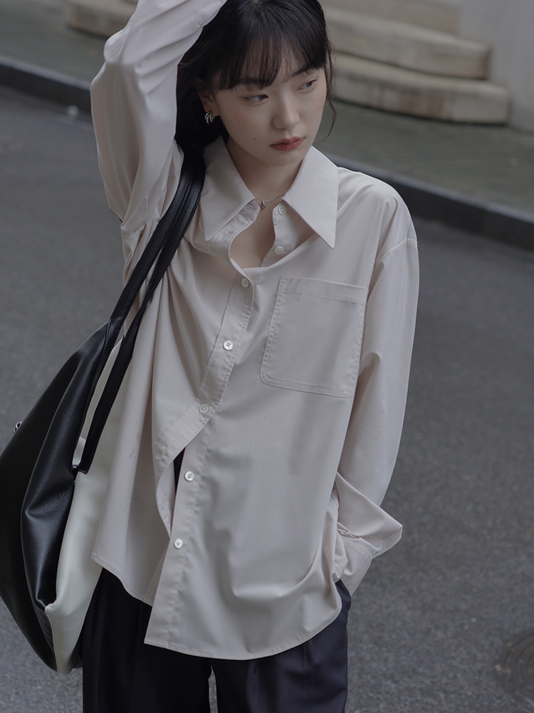 金嵐子春秋氣質小眾設計感紋理面料亮片飄帶女士V領套頭襯衣