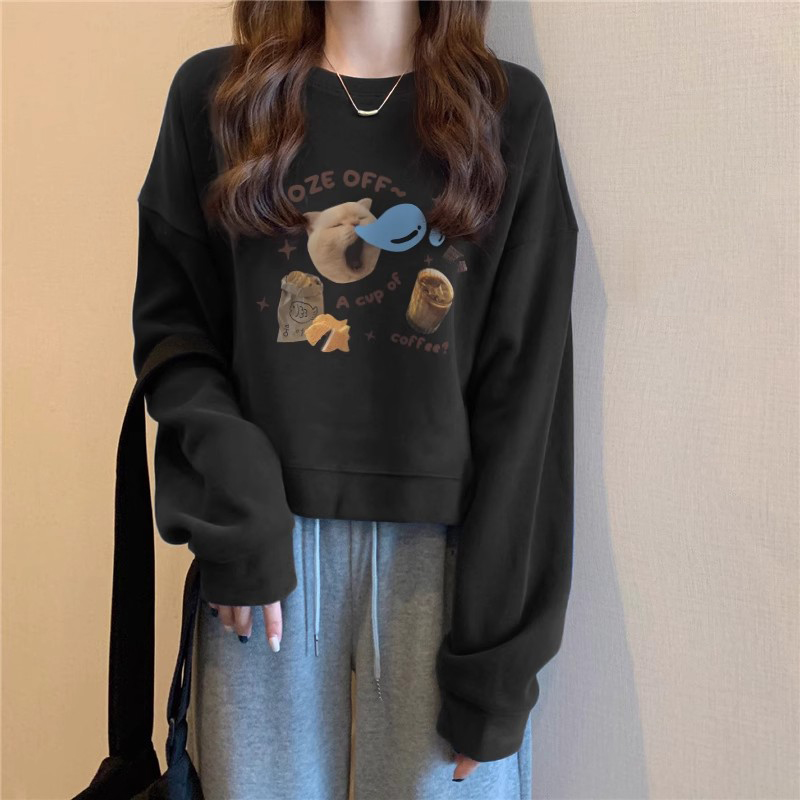 Round neck pullover short sweatshirt for women, thickened velvet, autumn and winter top, loose high waist, slimming for small people, spring and autumn thin style