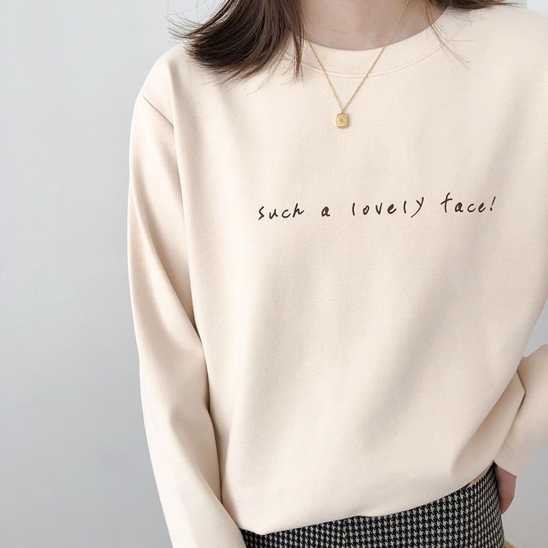DeRong warm long-sleeved T-shirt for women, new Korean style round neck loose velvet thickened bottoming shirt for autumn and winter.