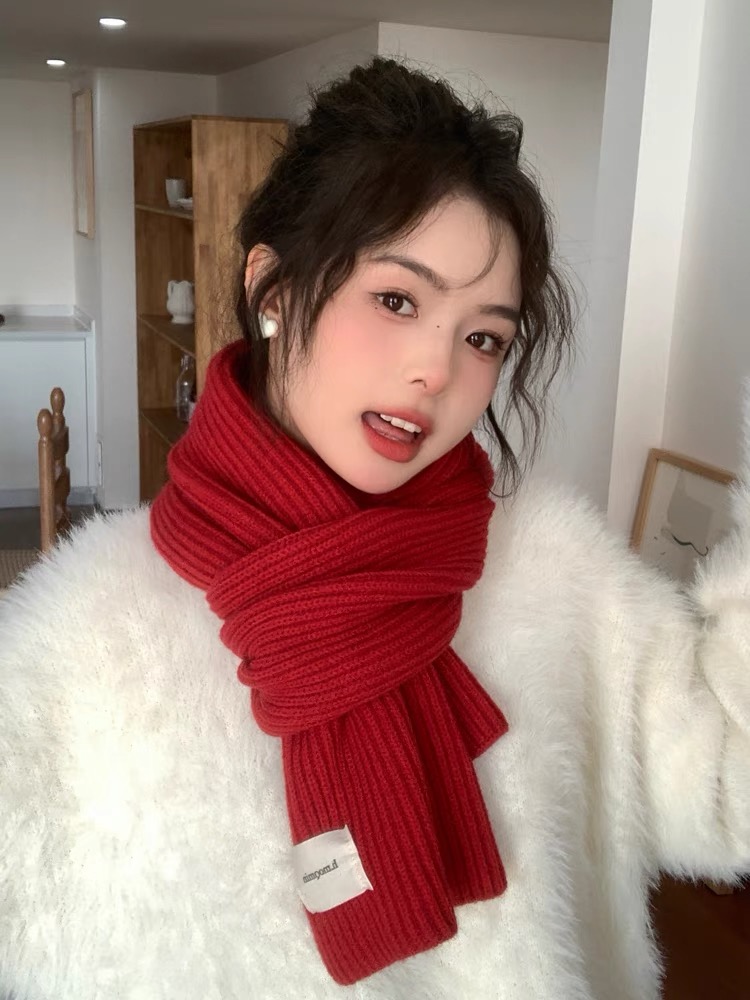 韓版針織毛線圍巾女2023新款秋冬季百搭純色情侶保暖小圍脖學生男