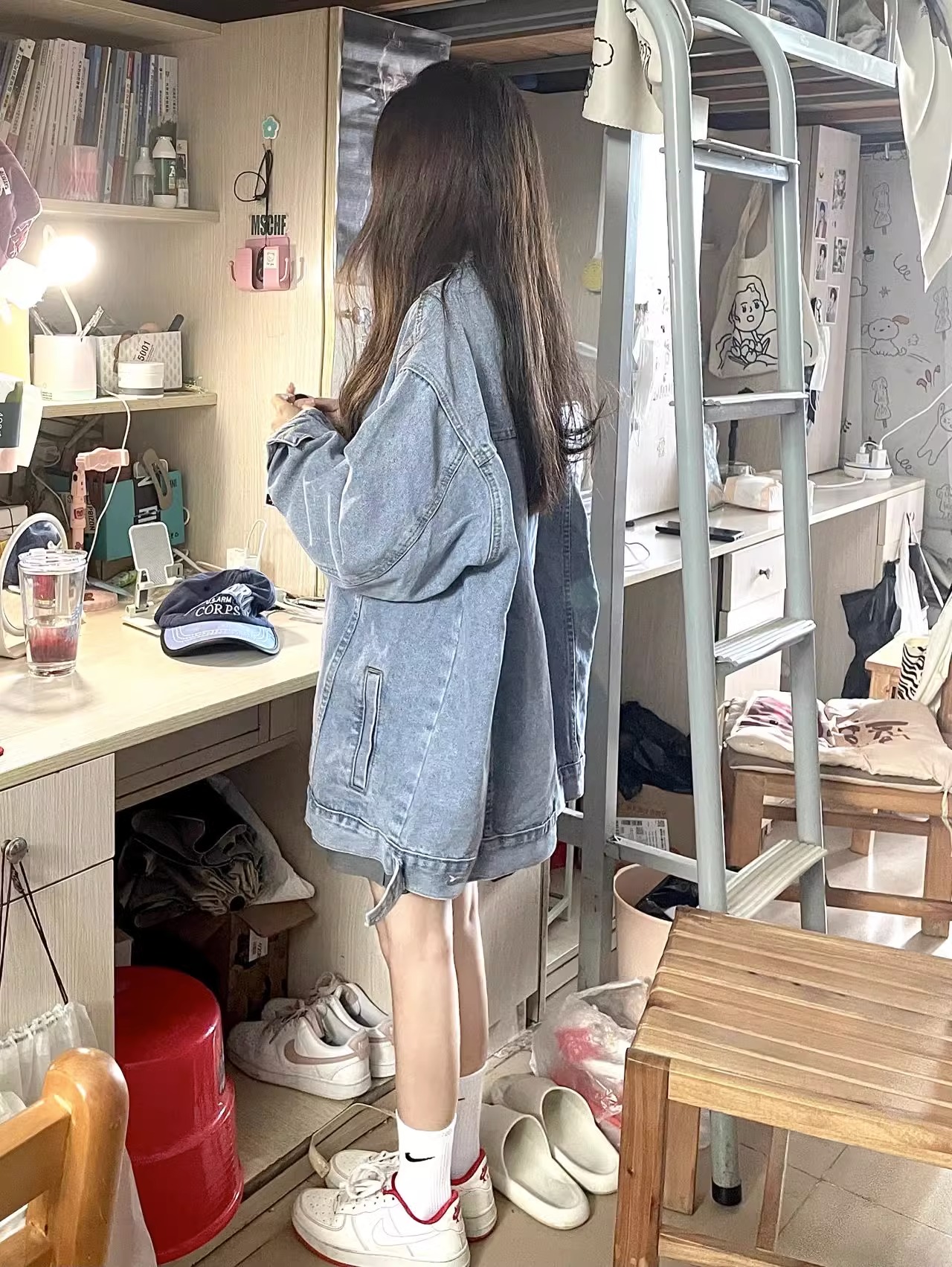 復古做舊水洗牛仔短外套女早秋季2023年新款寬鬆休閒長袖夾克上衣