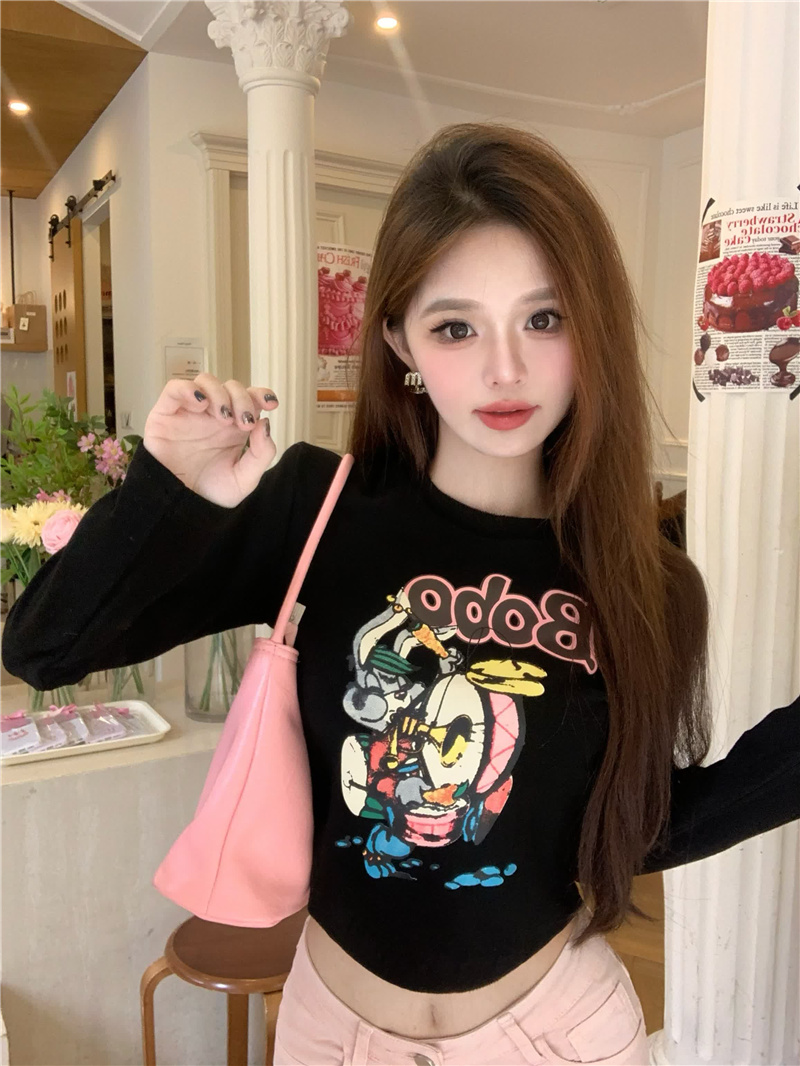 實拍~兔兔TEE百搭減齡卡通兔子印花圓領加薄絨長袖打底T恤女