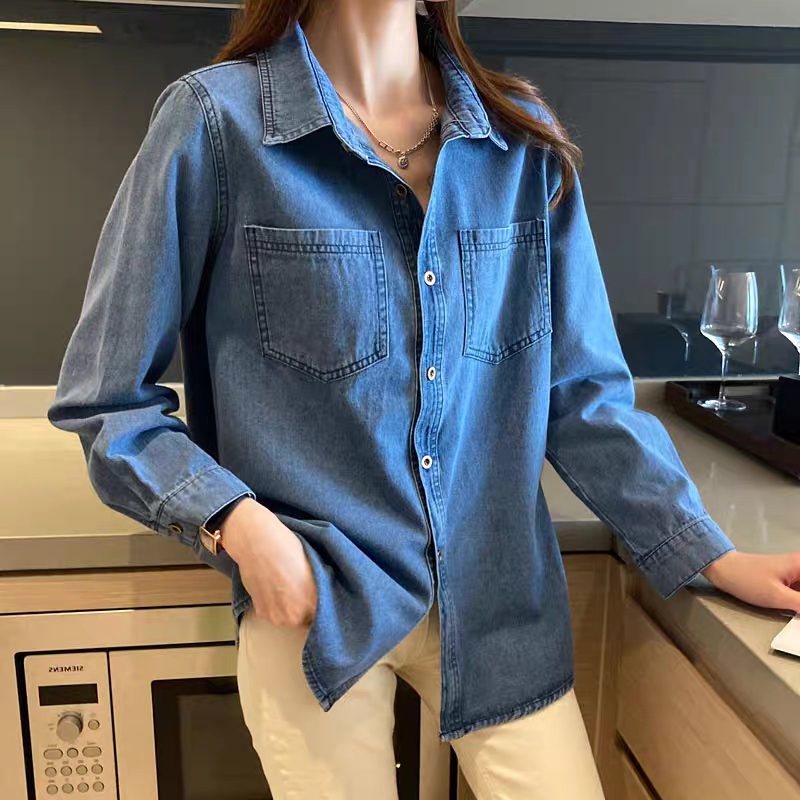 復古牛仔襯衫外套女春秋季寬鬆設計感小眾上衣疊穿長袖打底襯衣潮