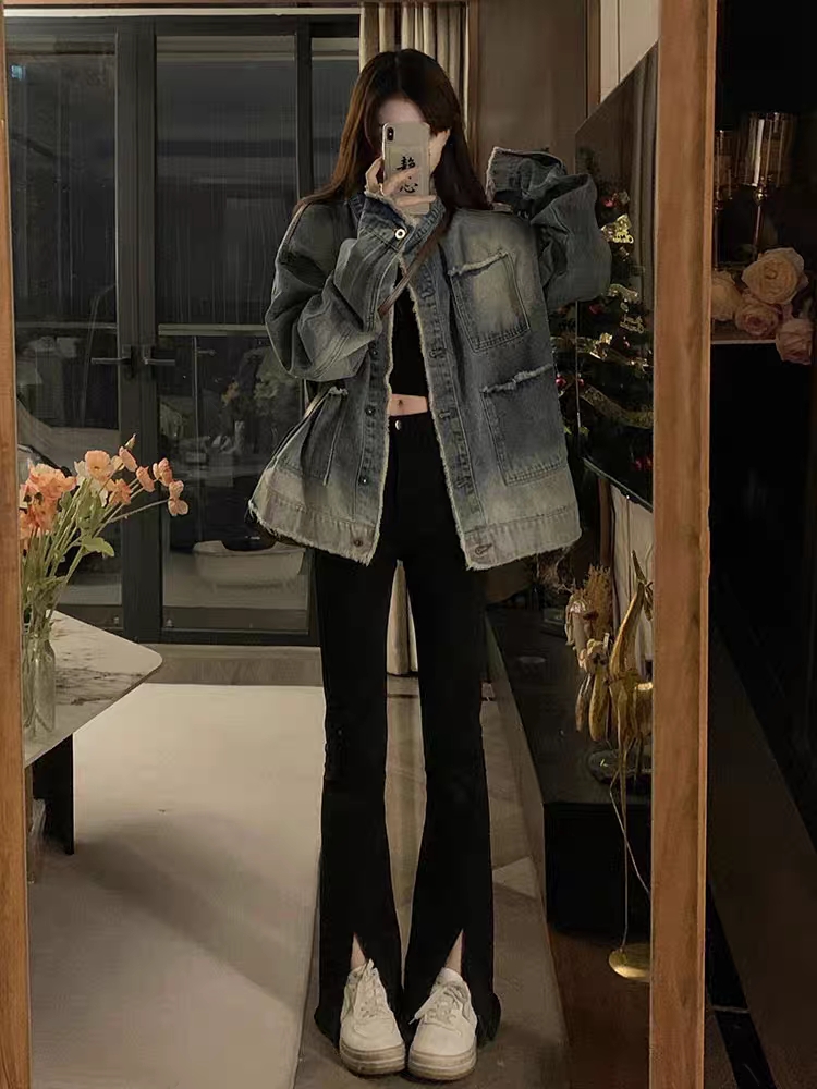 漸變色水洗毛邊牛仔外套女春秋寬鬆慵懶bf風休閒百搭工裝夾克上衣