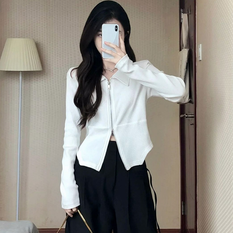 設計感小眾POLO領正肩長袖T恤女春秋內搭短款打底衫高腰修身上衣