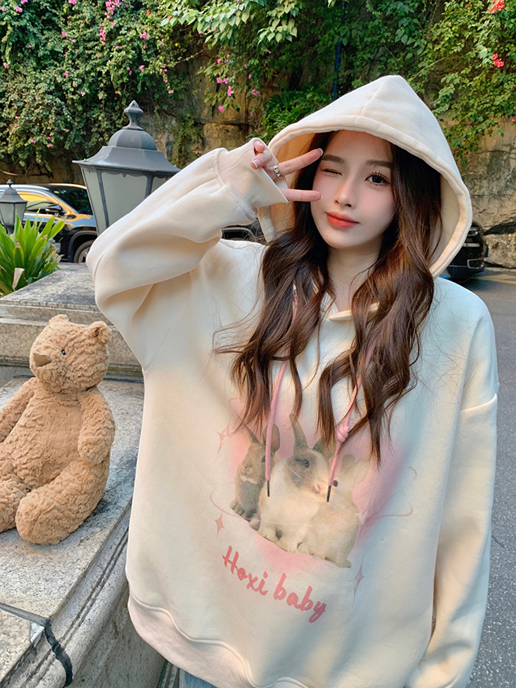 310g imitation cotton interwoven fabric, non-pilling, winter velvet sweatshirt for women with hooded print, double layer hood with back strip