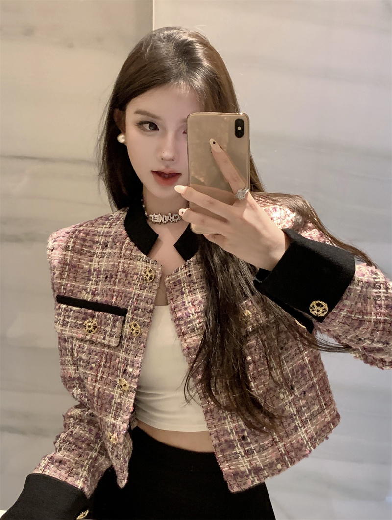 Actual shot~Autumn and winter new style stand-up collar plaid small fragrance design niche high-end versatile slim short coat for women