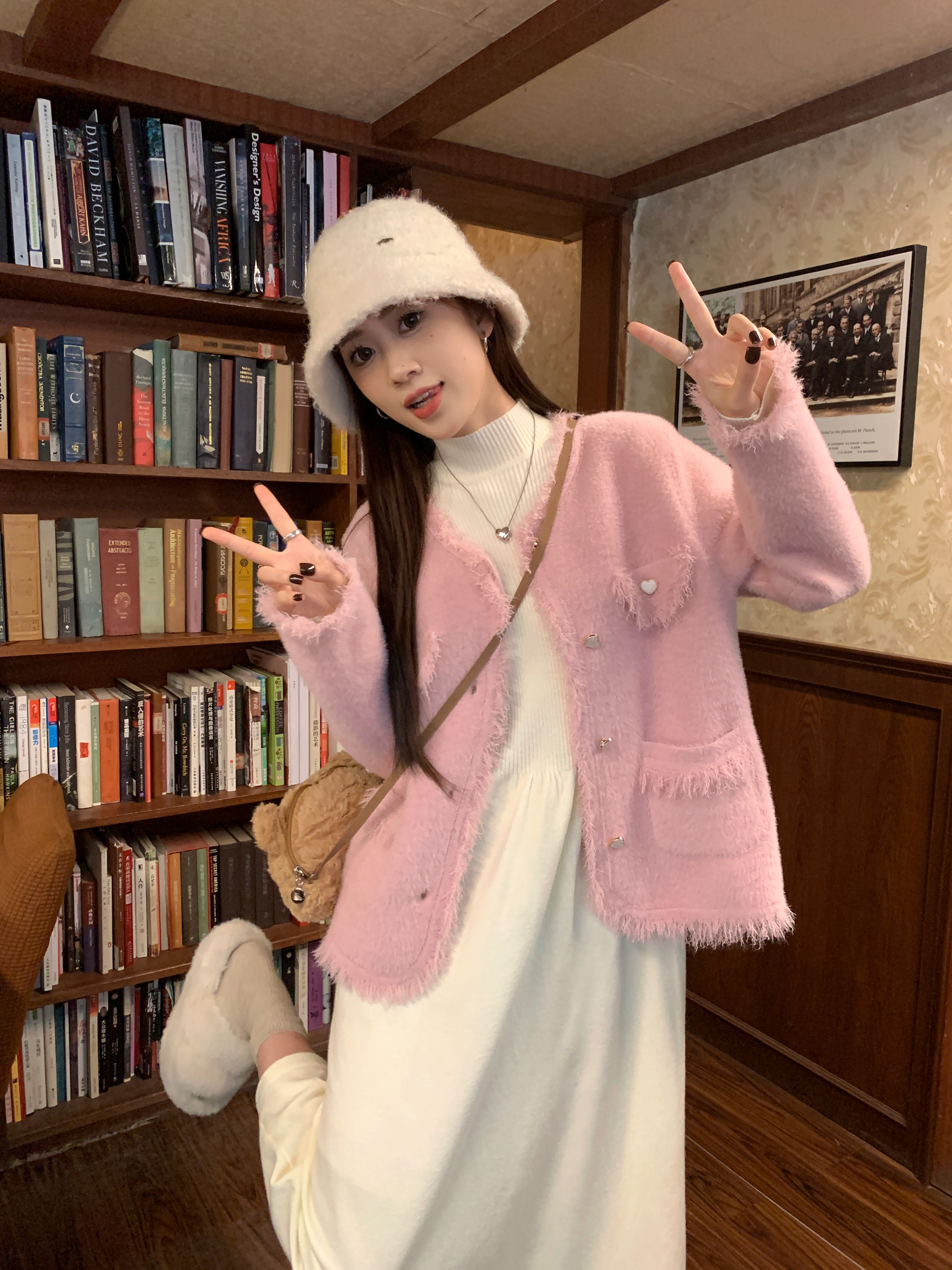 實拍半高領針織長袖連衣裙小香風毛呢外套女秋季新款流行套裝